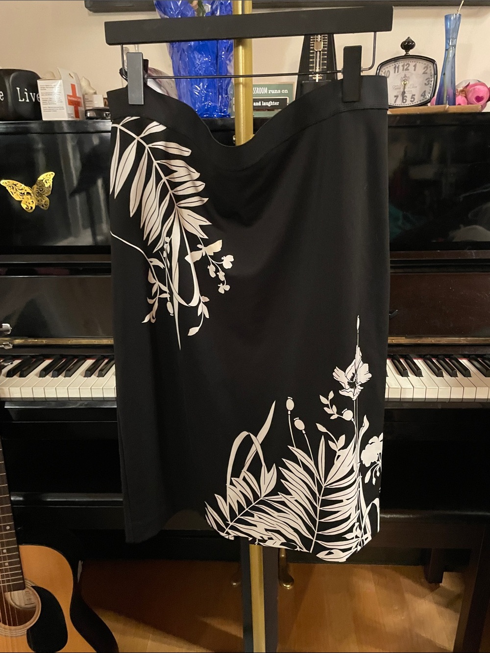 Alfani Black Skirt with White Botanical Motif